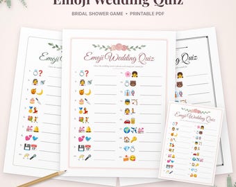 Puede incluir: Una hoja de juego imprimible Emoji Wedding Quiz con una lista de veinte combinaciones de emojis para resolver. El documento incluye encabezados florales, líneas numeradas para las respuestas y un lápiz de madera en la esquina inferior izquierda.