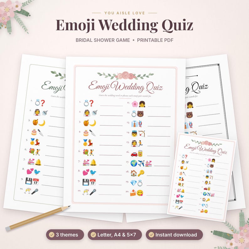 May include: A printable Emoji Wedding Quiz game sheet featuring a list of twenty emoji combinations for guests to solve. The document includes floral headers, numbered lines for answers, and a wooden pencil placed at the bottom left corner.