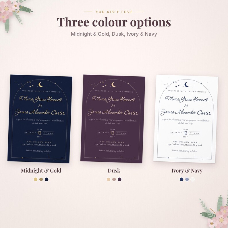 May include: Three wedding invitation cards featuring an arched celestial design with a moon and stars. The text reads You Aisle Love, Three colour options, Midnight & Gold, Dusk, Ivory & Navy, Olivia Grace Bennett & James Alexander Carter.