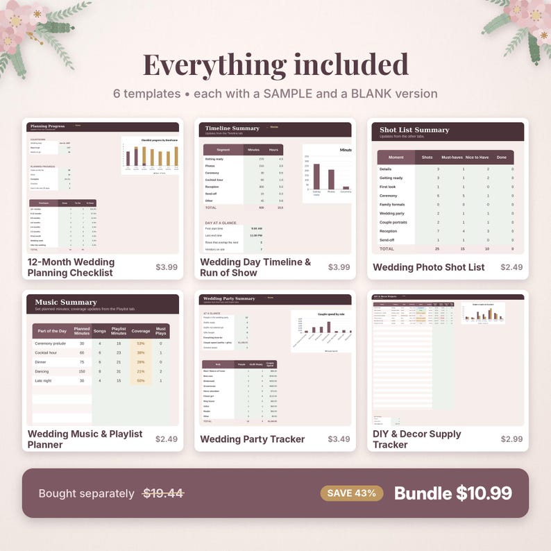 May include: A digital bundle of six wedding planning templates featuring a 12-Month Wedding Planning Checklist, Wedding Day Timeline, Wedding Photo Shot List, Wedding Music & Playlist Planner, Wedding Party Tracker, and DIY & Decor Supply Tracker.