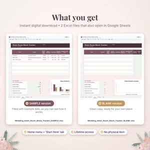 Puede incluir: Una plantilla de hoja de c&aacute;lculo digital para el seguimiento de bloques de habitaciones de hotel con dos versiones: una versi&oacute;n de muestra con datos y una versi&oacute;n en blanco. La interfaz incluye columnas para detalles de hoteles y m&eacute;tricas.