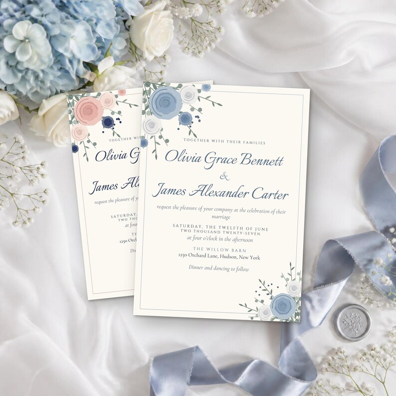 May include: A wedding invitation card featuring the names Olivia Grace Bennett and James Alexander Carter, decorated with blue and peach floral illustrations. The text includes the date, Saturday, the twelfth of June, and the location, The Willow Barn.