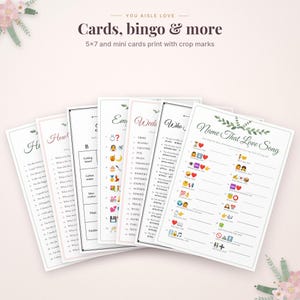 May include: A set of printable wedding game cards featuring titles like Name That Love Song, Who Said It, and Wedding Emoji Pictionary. The white cards include black text, emoji sequences, and numbered lists, with floral accents at the top corners.