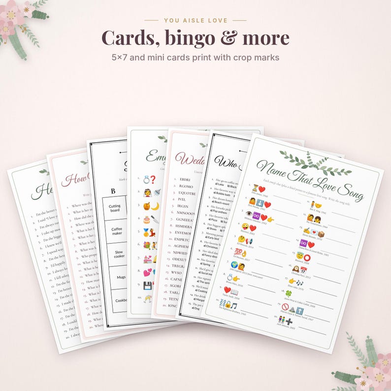 May include: A set of printable wedding game cards featuring titles like Name That Love Song, Who Said It, and Wedding Emoji Pictionary. The white cards include black text, emoji sequences, and numbered lists, with floral accents at the top corners.