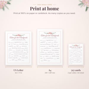 May include: A digital wedding game set titled Advice for the Newlyweds, featuring three printable formats: US Letter at 8.5 by 11 inches, A4 at 210 by 297 mm, and 5 by 7 inch cards. Each sheet includes floral accents and fill-in-the-blank lines.