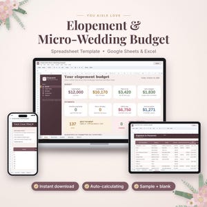 Puede incluir: Una plantilla de hoja de c&aacute;lculo digital para un presupuesto de boda, compatible con Google Sheets y Excel. La pantalla muestra un port&aacute;til, un smartphone y una tableta con datos financieros, seguimiento de gastos y pagos.