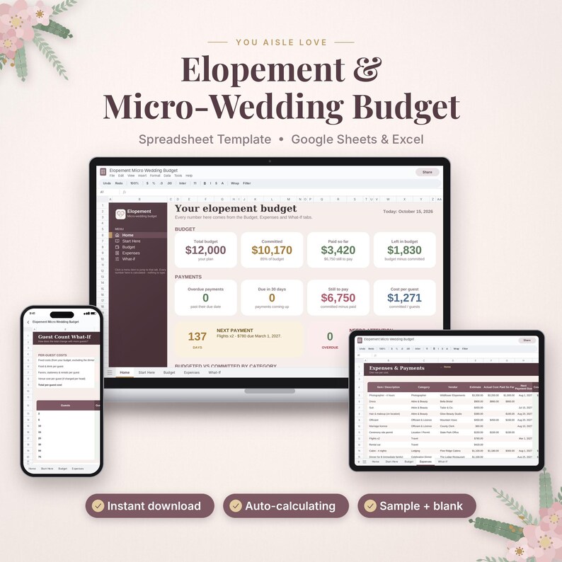 Puede incluir: Una plantilla de hoja de c&aacute;lculo digital para un presupuesto de boda, compatible con Google Sheets y Excel. La pantalla muestra un port&aacute;til, un smartphone y una tableta con datos financieros, seguimiento de gastos y pagos.