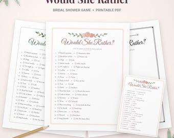 Puede incluir: Un juego imprimible para despedida de soltera titulado Would She Rather que presenta una lista de veinte preguntas con casillas de verificación, decorado con ilustraciones florales rosas en la parte superior y un lápiz de madera.