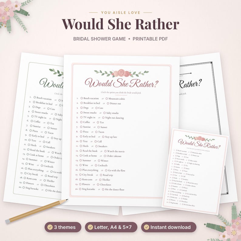 May include: A printable bridal shower game titled Would She Rather featuring a list of twenty questions with checkboxes, decorated with pink floral illustrations at the top, accompanied by a wooden pencil on a light background.