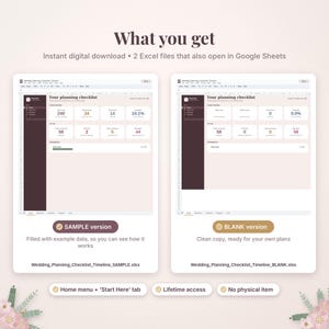 May include: Two digital wedding planning checklist and timeline spreadsheets in Excel format. One version displays sample data with countdowns and progress bars, while the other is a blank template. Text includes 'What you get', 'SAMPLE version', and 'BLANK version'.