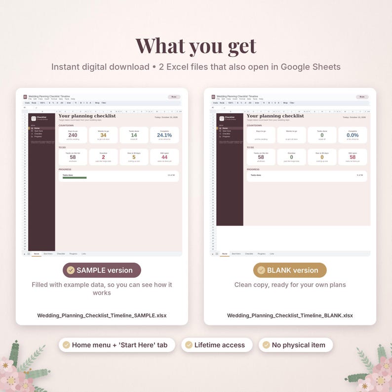 May include: Two digital wedding planning checklist and timeline spreadsheets in Excel format. One version displays sample data with countdowns and progress bars, while the other is a blank template. Text includes 'What you get', 'SAMPLE version', and 'BLANK version'.