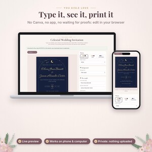 May include: A laptop and smartphone displaying a celestial wedding invitation template editor. The screen shows text fields for names and event details, with a dark blue invitation design featuring a gold moon and stars graphic.