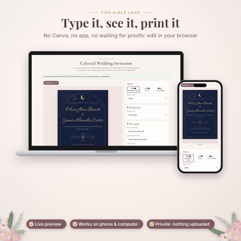 May include: A laptop and smartphone displaying a celestial wedding invitation template editor. The screen shows text fields for names and event details, with a dark blue invitation design featuring a gold moon and stars graphic.