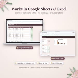 May include: A digital bridal shower planner template displayed on two laptop screens, compatible with Google Sheets and Microsoft Excel. The interface shows guest lists, event details, and bar charts. Text includes Works in Google Sheets & Excel.