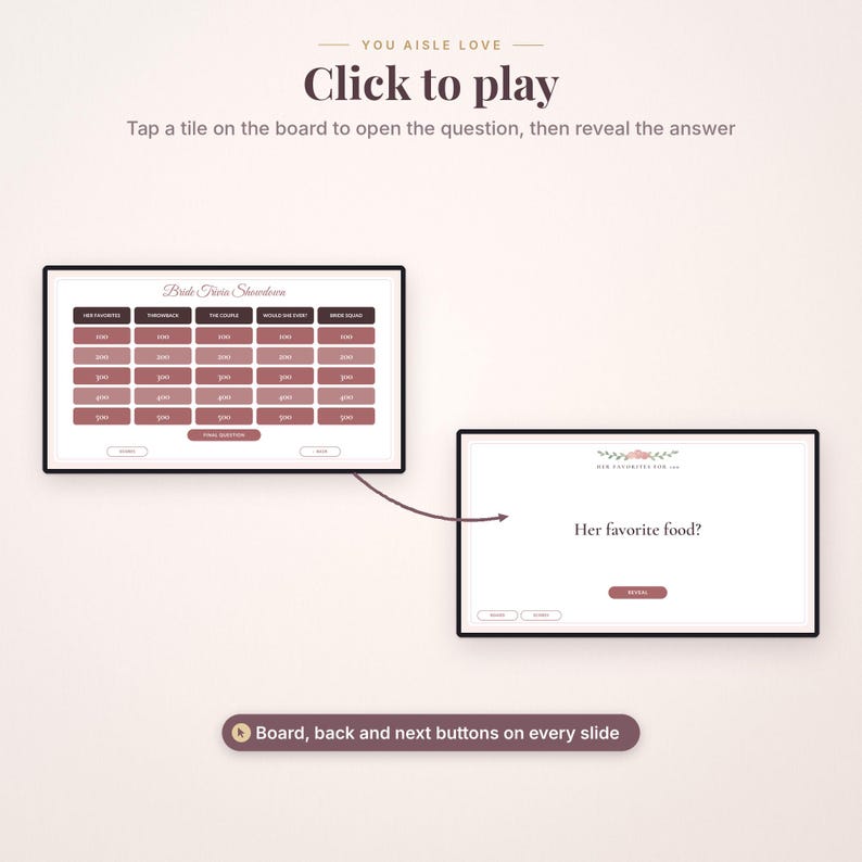 May include: A digital trivia game interface titled Bride Trivia Showdown featuring a grid of clickable tiles with point values. A second screen displays a specific question, Her favorite food?, with a reveal button and navigation controls.