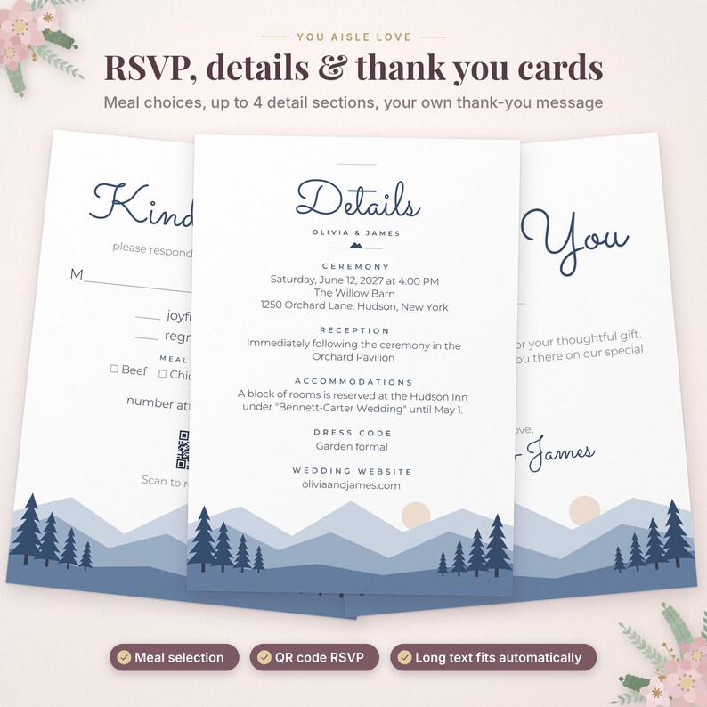 May include: A set of three white wedding stationery cards featuring dark blue mountain and pine tree illustrations at the bottom. The cards include RSVP, details, and thank you sections with text for Olivia and James, including a QR code.