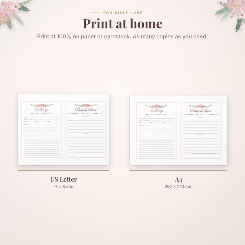 Pode incluir: Um modelo digital para cart&otilde;es de receitas com detalhes florais e o texto A Recipe for the New Kitchen e Recipe for Love. O layout inclui op&ccedil;&otilde;es em formato US Letter 11 x 8.5 in e A4 297 x 210 mm para imprimir em papel ou cartolina.