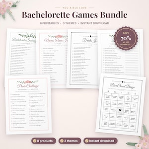 May include: A collection of printable bachelorette party game sheets including Bachelorette Scavenger Hunt, Never Have I Ever, Drink If, and Bar Crawl Bingo. The documents feature floral accents, black text, and a circular badge stating Save 70%.