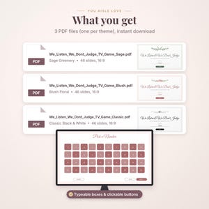May include: Three PDF files titled We_Listen_We_Dont_Judge_TV_Game in Sage Greenery, Blush Floral, and Classic Black & White themes. A computer monitor displays a game screen with a grid of numbered boxes and the text Pick a Number.