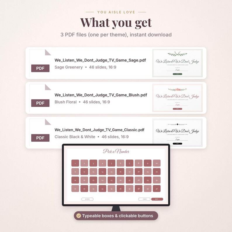 May include: Three PDF files titled We_Listen_We_Dont_Judge_TV_Game in Sage Greenery, Blush Floral, and Classic Black & White themes. A computer monitor displays a game screen with a grid of numbered boxes and the text Pick a Number.