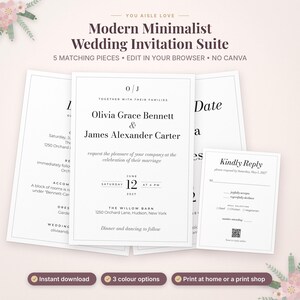 May include: A wedding invitation suite featuring white cards with black text. The main invitation displays the names Olivia Grace Bennett and James Alexander Carter, the date June 12, 2027, and the location The Willow Barn, 1250 Orchard Lane, Hudson, New York.