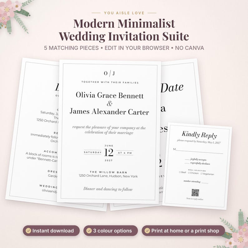 May include: A wedding invitation suite featuring white cards with black text. The main invitation displays the names Olivia Grace Bennett and James Alexander Carter, the date June 12, 2027, and the location The Willow Barn, 1250 Orchard Lane, Hudson, New York.