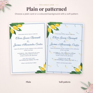 May include: Two wedding invitation cards featuring lemon and leaf illustrations. One card has a plain white background, the other a light blue background with a soft pattern. Text includes names Olivia Grace Bennett and James Alexander Carter.
