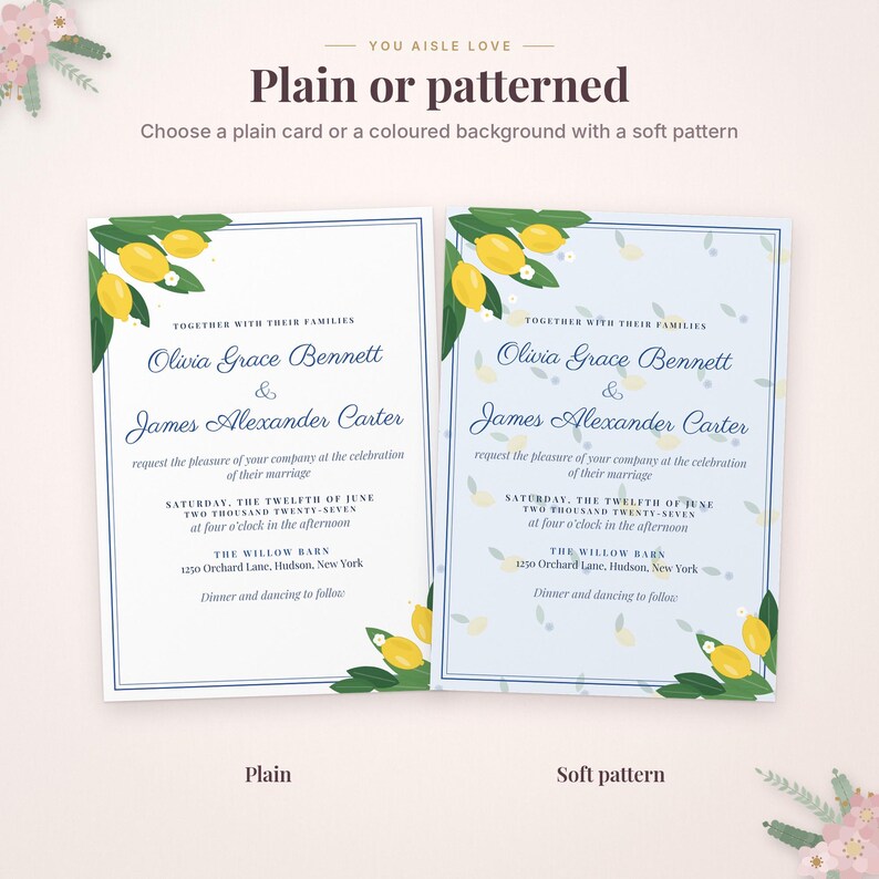 May include: Two wedding invitation cards featuring lemon and leaf illustrations. One card has a plain white background, the other a light blue background with a soft pattern. Text includes names Olivia Grace Bennett and James Alexander Carter.