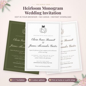 K&ouml;nnte beinhalten: Ein Set aus drei Hochzeitseinladungs-Vorlagen mit einem Monogramm mit Schleife, den Namen Olivia Grace Bennett und James Alexander Carter sowie Veranstaltungsdetails. Die Karten werden in Olivgr&uuml;n und Wei&szlig; dargestellt.