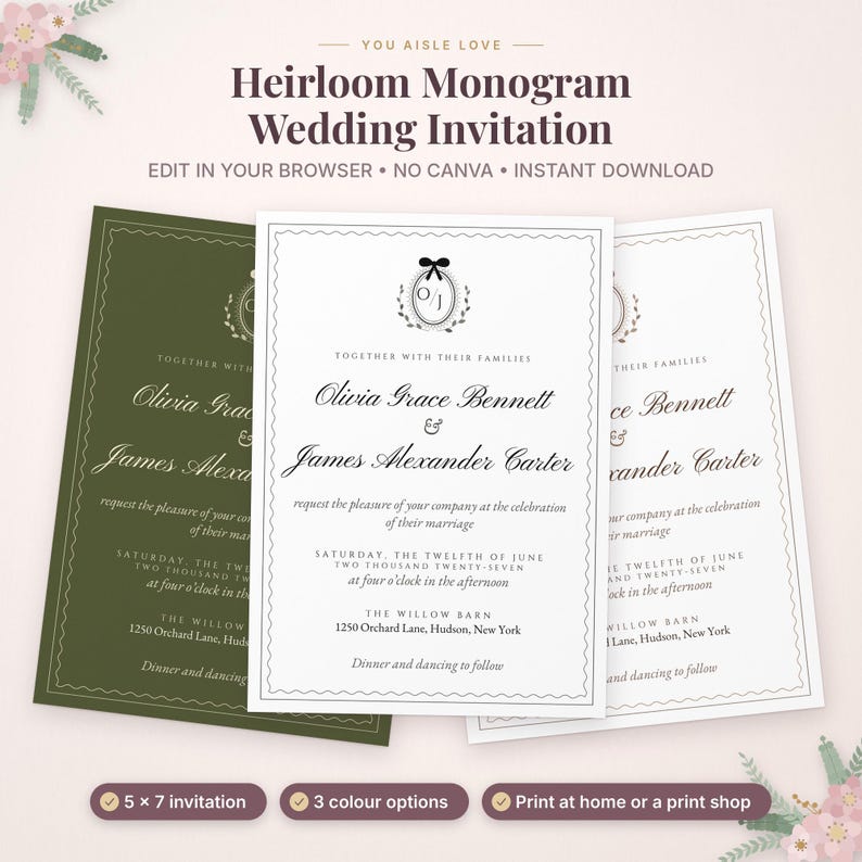 K&ouml;nnte beinhalten: Ein Set aus drei Hochzeitseinladungs-Vorlagen mit einem Monogramm mit Schleife, den Namen Olivia Grace Bennett und James Alexander Carter sowie Veranstaltungsdetails. Die Karten werden in Olivgr&uuml;n und Wei&szlig; dargestellt.