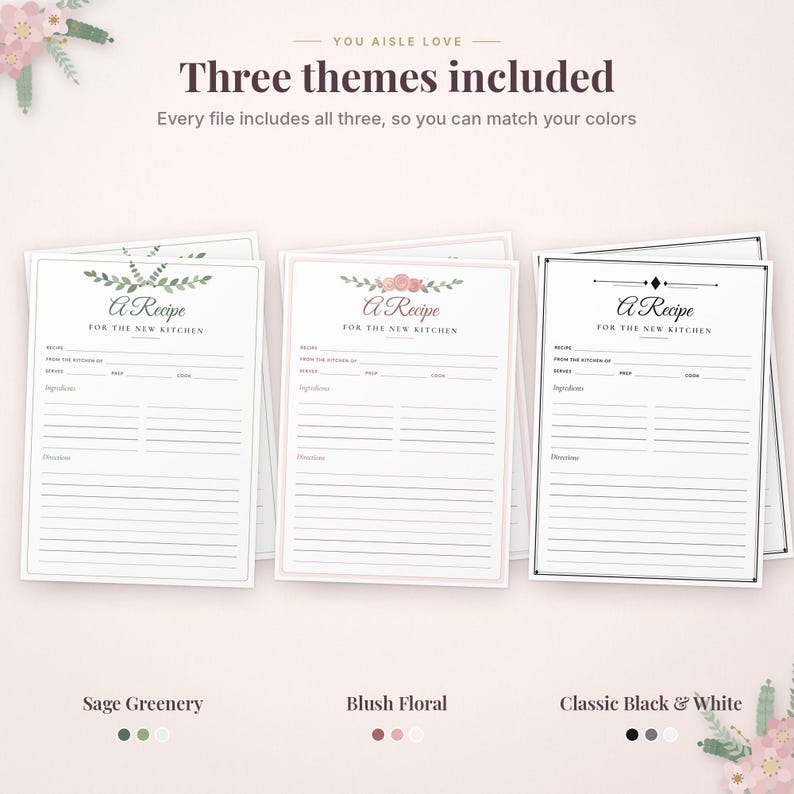 Pode incluir: Tr&ecirc;s modelos de cart&otilde;es de receitas intitulados A Recipe For The New Kitchen. Os designs incluem Sage Greenery com folhas verdes, Blush Floral com rosas cor-de-rosa e Classic Black & White com uma borda geom&eacute;trica. Cada cart&atilde;o tem linhas para ingredientes.