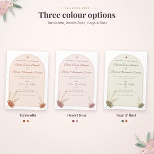 May include: Three wedding invitation cards featuring an arched design with text reading Olivia Grace Bennett and James Alexander Carter. The cards are available in terracotta, desert rose, and sage and rust color schemes with dried floral accents.