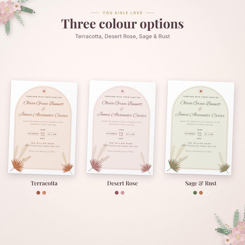 May include: Three wedding invitation cards featuring an arched design with text reading Olivia Grace Bennett and James Alexander Carter. The cards are available in terracotta, desert rose, and sage and rust color schemes with dried floral accents.