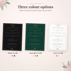 May include: Three wedding invitation cards featuring gold text and sunburst motifs. The options are black with gold, emerald green with gold, and ivory with gold. Each card displays the names Olivia Grace Bennett and James Alexander Carter.
