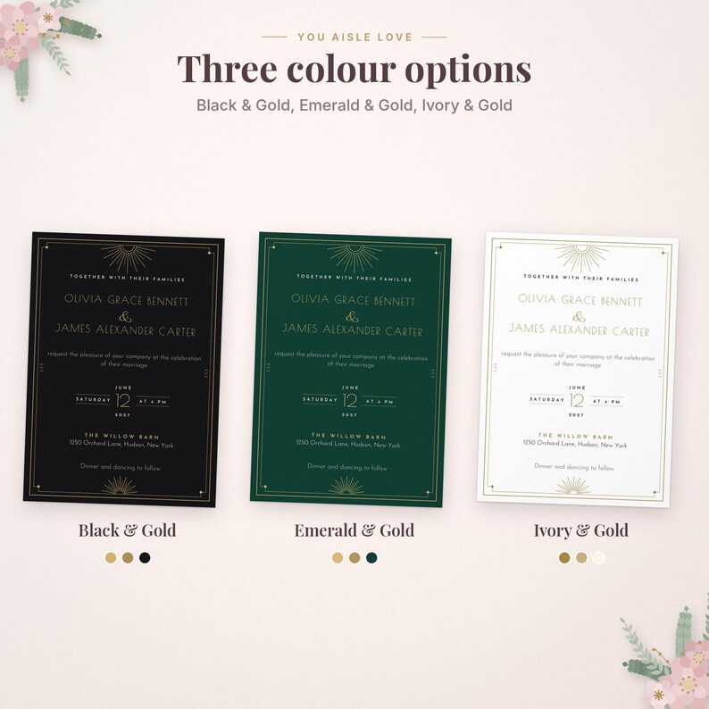 May include: Three wedding invitation cards featuring gold text and sunburst motifs. The options are black with gold, emerald green with gold, and ivory with gold. Each card displays the names Olivia Grace Bennett and James Alexander Carter.