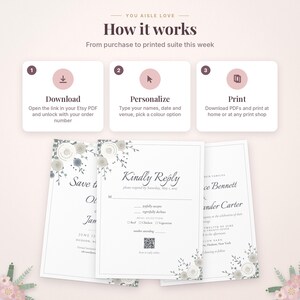 May include: An instructional graphic titled You Aisle Love How it works, detailing a three-step process to download, personalize, and print wedding stationery. Below are three white cards featuring floral illustrations and text including Kindly Reply.