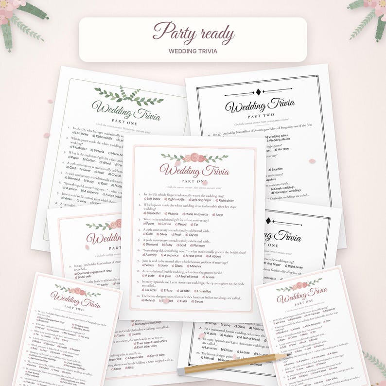 May include: A collection of wedding trivia game sheets featuring floral illustrations and the text Party ready Wedding Trivia. The printed cards include multiple-choice questions about wedding traditions, accompanied by a wooden pencil.
