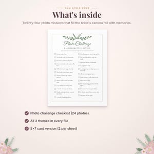 Może przedstawiać: Biała prostokątna karta z ilustracją zielonych liści u g&oacute;ry, zatytułowana Photo Challenge Bachelorette Edition. Zawiera dwadzieścia cztery pola wyboru dla zadań fotograficznych, w tym skoki grupowe i selfie.