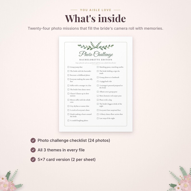Może przedstawiać: Biała prostokątna karta z ilustracją zielonych liści u g&oacute;ry, zatytułowana Photo Challenge Bachelorette Edition. Zawiera dwadzieścia cztery pola wyboru dla zadań fotograficznych, w tym skoki grupowe i selfie.
