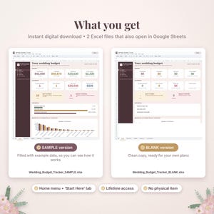 May include: A digital wedding budget tracker spreadsheet template featuring two versions: a sample version with example data and a blank version for personal use. The interface includes sections for budget, payments, and progress charts.