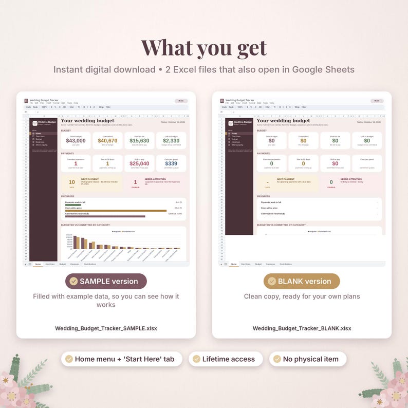 May include: A digital wedding budget tracker spreadsheet template featuring two versions: a sample version with example data and a blank version for personal use. The interface includes sections for budget, payments, and progress charts.