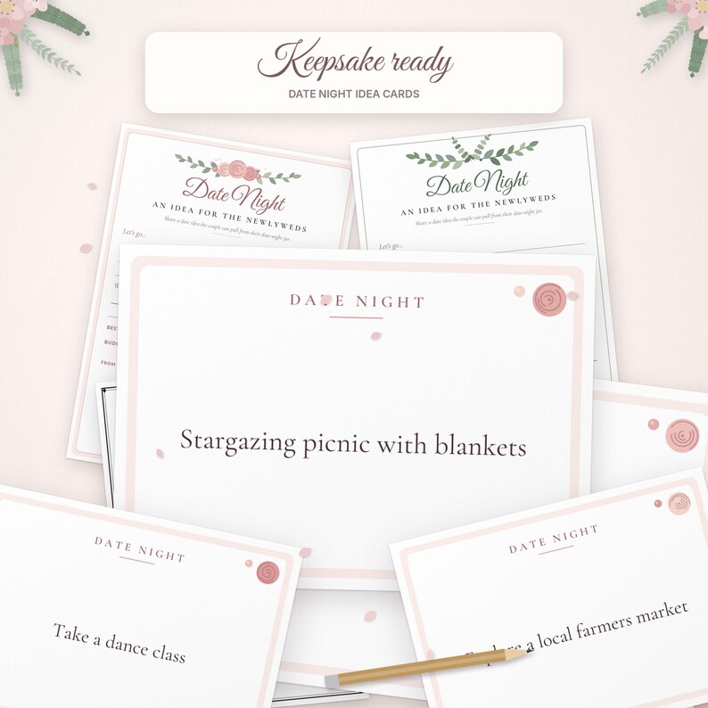 May include: A collection of white date night idea cards with pink borders and floral accents. The cards feature text including "Keepsake ready," "Date Night," "An idea for the newlyweds," and specific activities like "Stargazing picnic with blankets."
