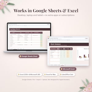 May include: A digital wedding music playlist planner template displayed on a laptop and tablet screen. The interface shows spreadsheets with columns for key music moments and a music summary chart. Text includes Works in Google Sheets & Excel.