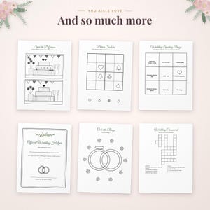 May include: A set of six white activity sheets for weddings featuring black line art. The pages include Spot the Difference, Picture Sudoku, Wedding Spotting Bingo, an Official Wedding Helper certificate, Color the Rings, and a Wedding Crossword puzzle.