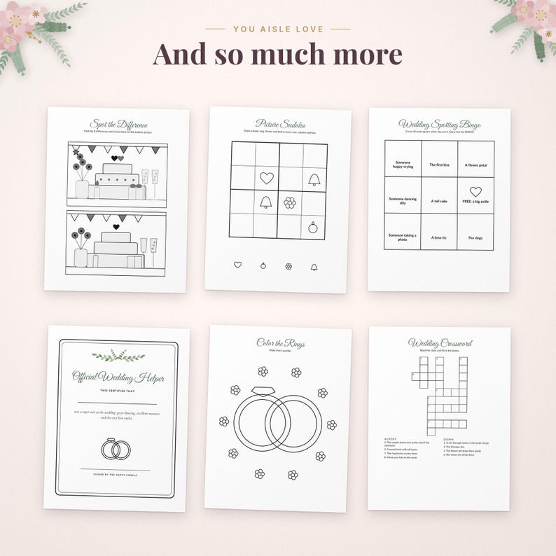 May include: A set of six white activity sheets for weddings featuring black line art. The pages include Spot the Difference, Picture Sudoku, Wedding Spotting Bingo, an Official Wedding Helper certificate, Color the Rings, and a Wedding Crossword puzzle.