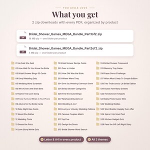 May include: A digital download bundle titled You Aisle Love What you get, featuring two zip files for bridal shower games. The list includes 41 items such as He Said She Said, Bridal Shower Bingo, and Wedding Trivia, available in Letter and A4 sizes.