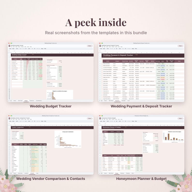 Pu&ograve; includere: Quattro modelli di fogli di calcolo digitali per l'organizzazione di matrimoni, tra cui un tracker del budget, un tracker dei pagamenti e depositi, un confronto tra fornitori e un pianificatore di lune di miele.