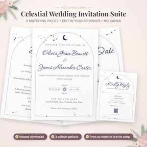 May include: A celestial wedding invitation suite featuring white cards with dark blue text and arched line designs. The cards display a crescent moon and star motifs, including names, date, location, and a RSVP card with a QR code.