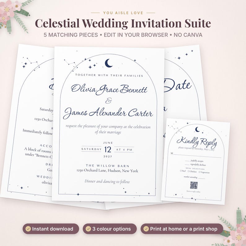 May include: A celestial wedding invitation suite featuring white cards with dark blue text and arched line designs. The cards display a crescent moon and star motifs, including names, date, location, and a RSVP card with a QR code.