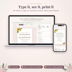 May include: A laptop and smartphone displaying a browser-based wedding invitation editor. The screen shows a Rustic Sunflower Wedding Invitation Suite with editable fields for names, dates, and locations, featuring sunflower graphics.